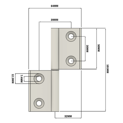 51-300-0 MODULAR SOLUTIONS LIFTOFF ALUMINUM HINGE 64MM X 101MM X 4MM COUNTERSUNK MOUNTING HOLES, NO HARDWARE
